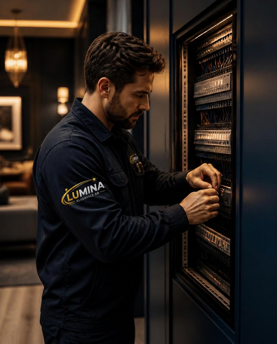 Auktoriserad elektriker från Lumina Elservice arbetar med en modern elcentral